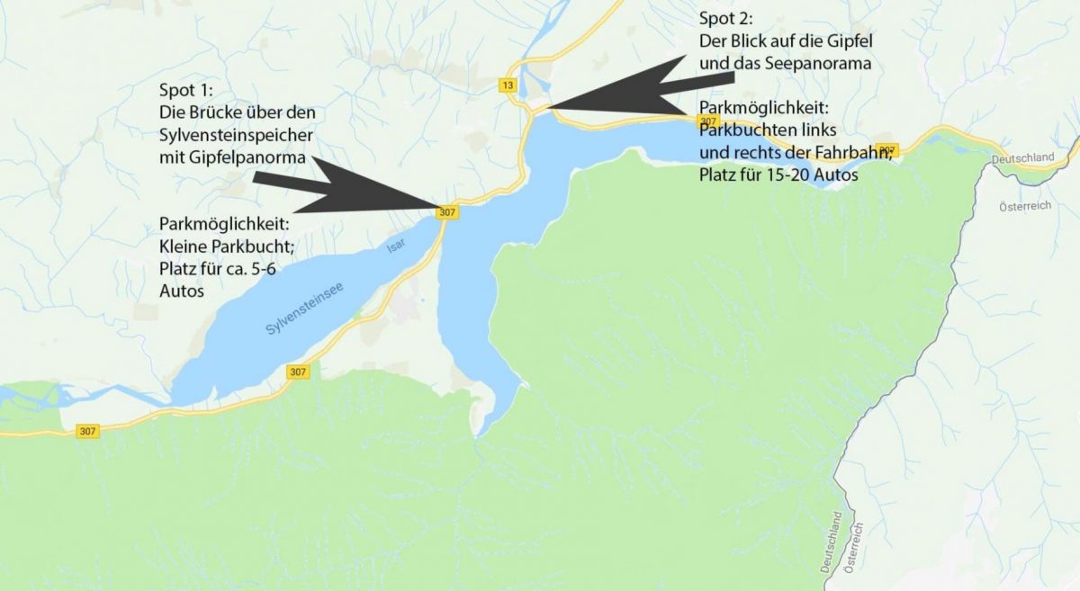 Sylvensteinspeicher / Sylvensteinsee Kartenansicht mit zwei Fotospots